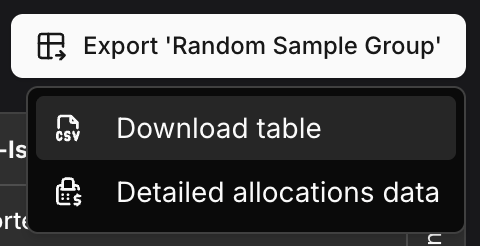 Export options (CSV or allocation data)