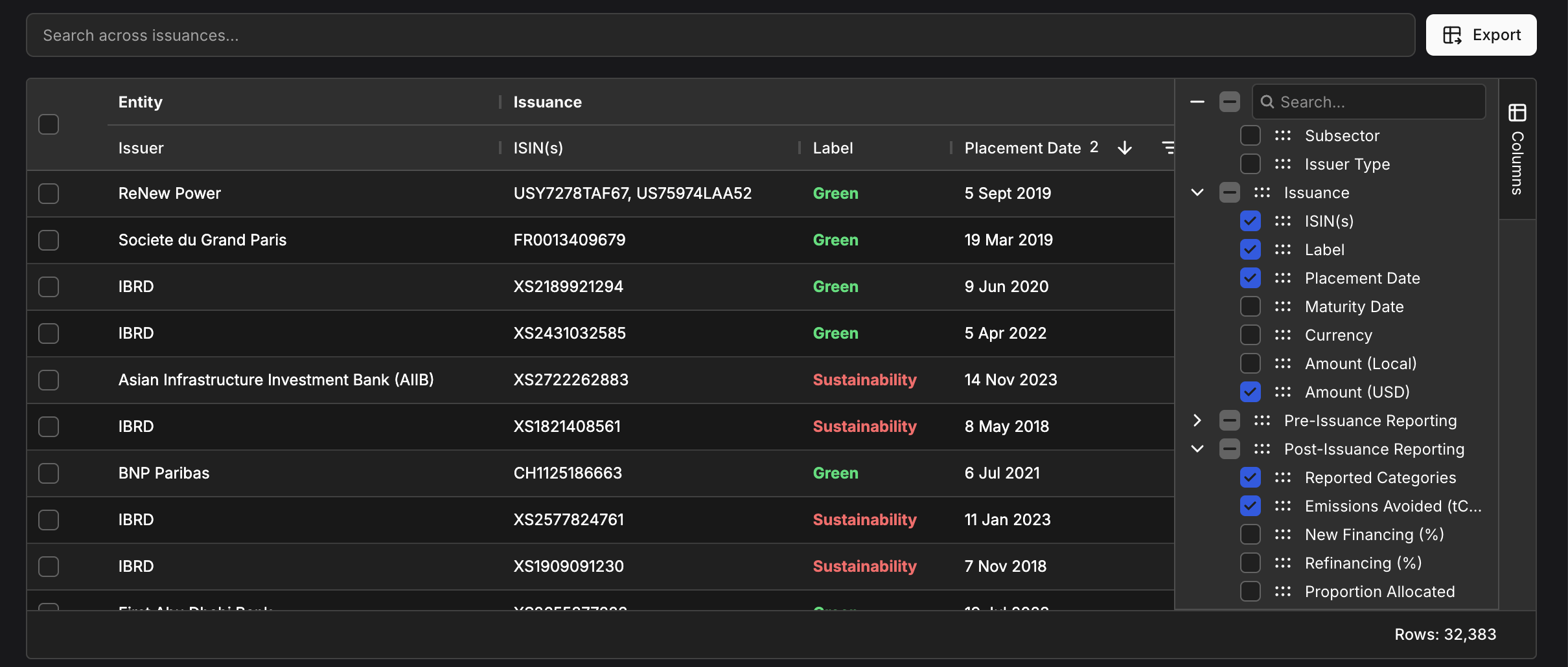 Selecting data fields to show